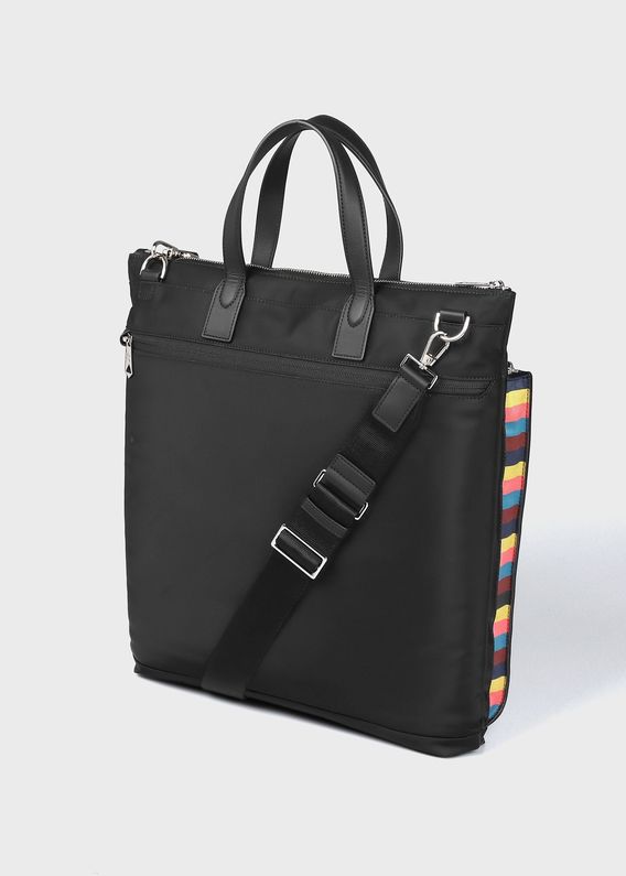 Paul Smith ポールスミス メンズ レディーストートバッグ 肩掛けショルダーバッグ箔押しロゴ  縦横マルチカラーストライプフロントファスナーポケット付きシグネチャーストライプッチワーク牛革鞄 バック ブラックカーフレザー  SHOULDERTOTEBAG | kaminorth