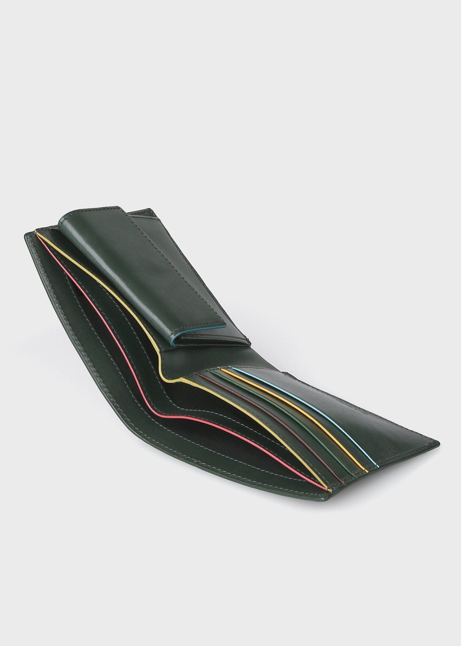 Paul Smith ポールスミスメンズ L字ファスナー小銭入れ付き二つ折り財布ネイビー ダークグリーン  ワインレッドマルチストライプタブハンドクラフト ２つ折り財布センター箔押しロゴ MULTISTRIPETAB BILLFOLD WALLET |  kaminorth