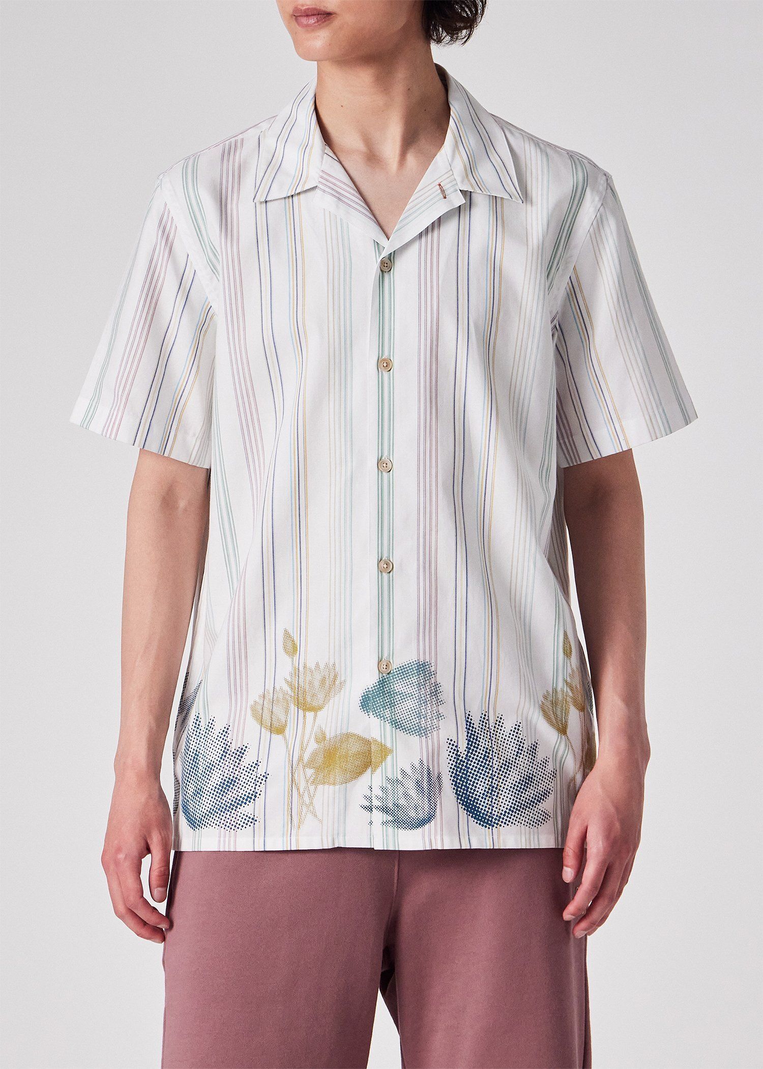 "Half Tone Floral" ストライプ オープンカラーシャツ