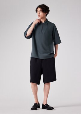 新品、未使用✩︎JUN & ROPE ストライプ ハーフジップポロシャツ ライトドライテクスチャー ハーフジップ ポロシャツ（ブルー