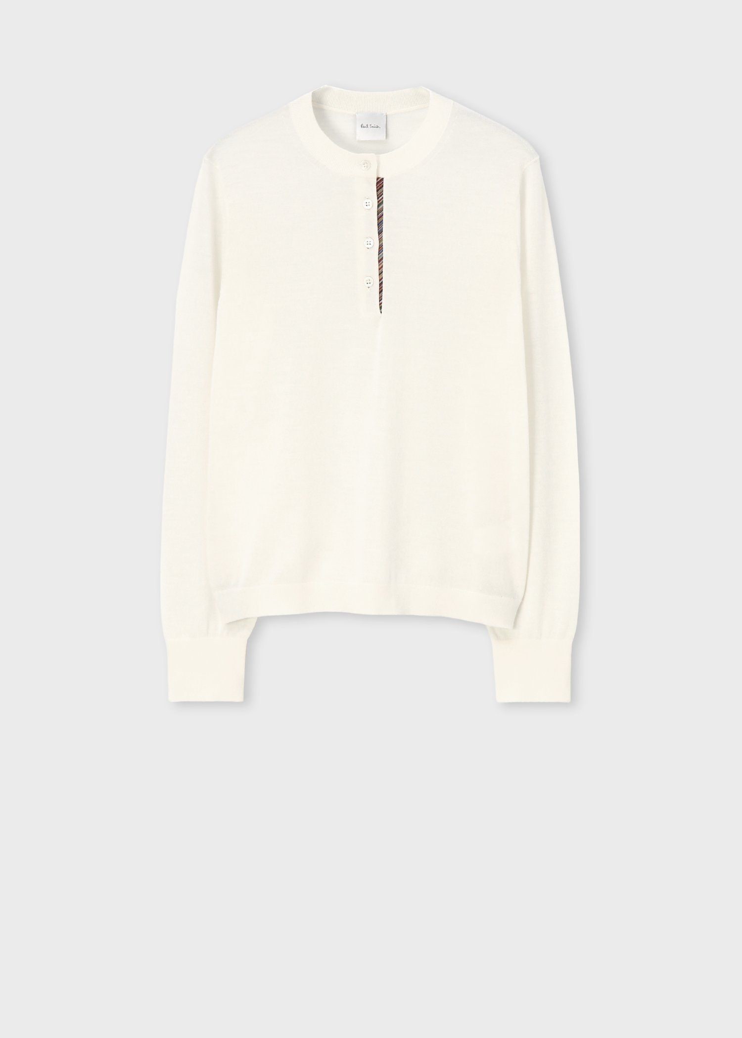 ウィメンズ ドレープウール ストライプ ヘンリーネック ニット