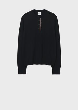 ウィメンズ ドレープウール ストライプ ヘンリーネック ニット