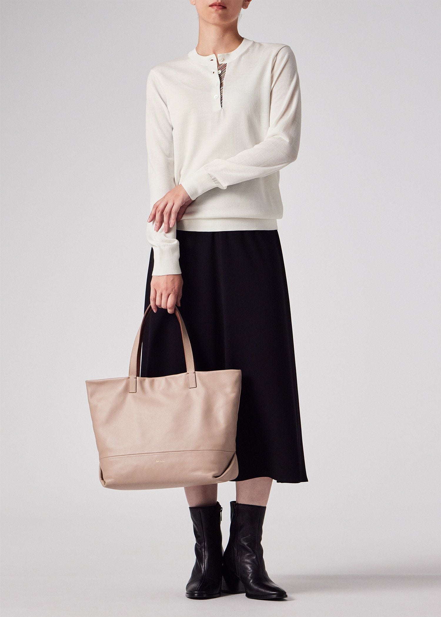 ウィメンズ ドレープウール ストライプ ヘンリーネック ニット