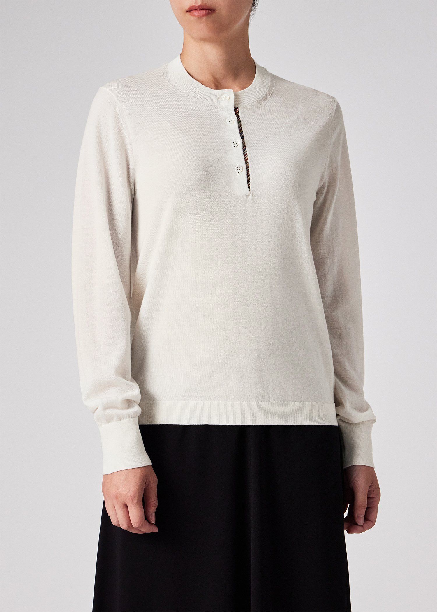 ウィメンズ ドレープウール ストライプ ヘンリーネック ニット