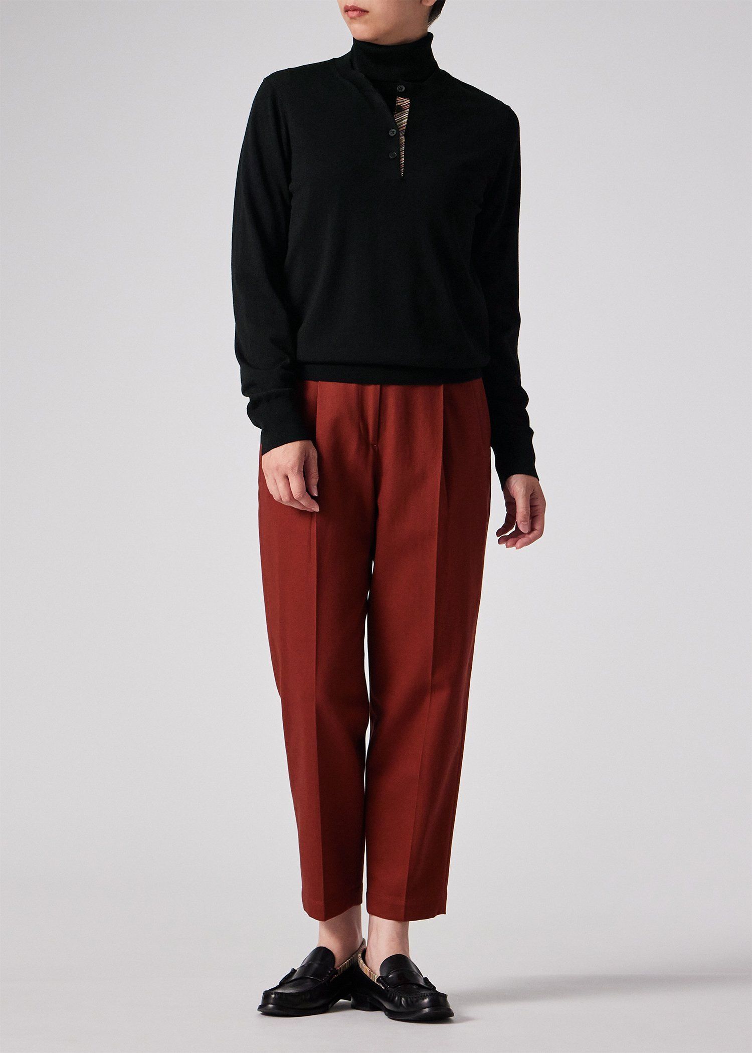 ウィメンズ ドレープウール ストライプ ヘンリーネック ニット