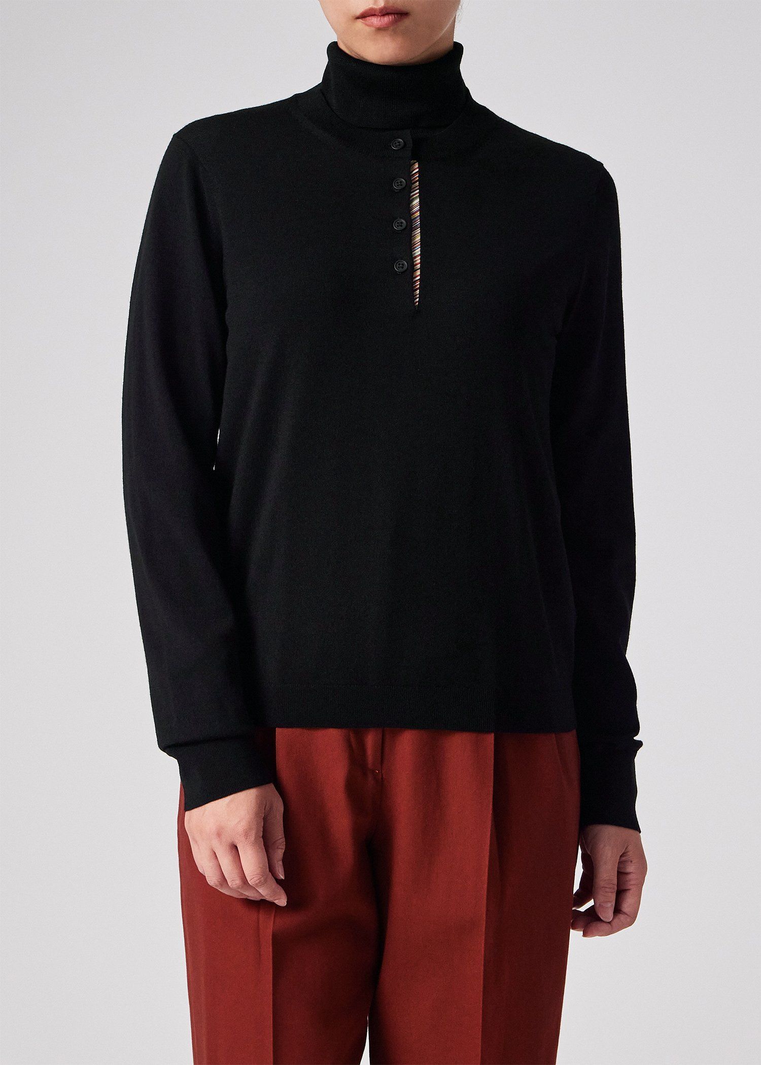 ウィメンズ ドレープウール ストライプ ヘンリーネック ニット