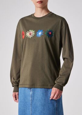 ウィメンズ マルチ フローラル プリント 長袖Tシャツ（カーキ