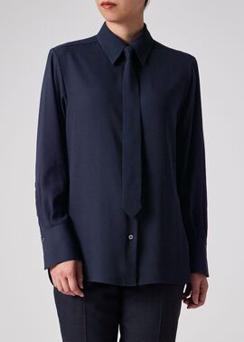 ウィメンズ バックサテンジョーゼット ボウタイブラウス（ネイビー