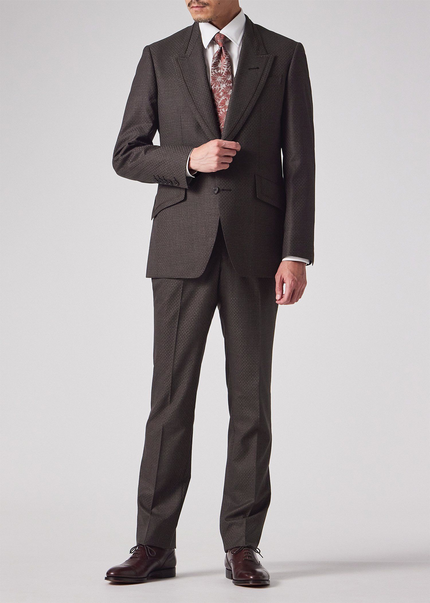 テクスチャードチェック ピークドラペル スーツ