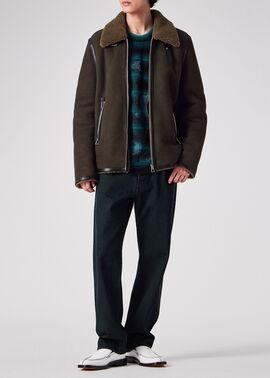 コンビテクスチャー ムートンレザー ブルゾン（ダークグリーン