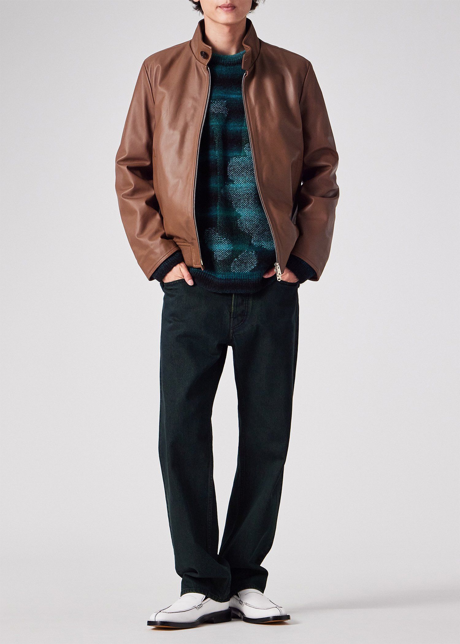 スタンドカラー レザーブルゾン