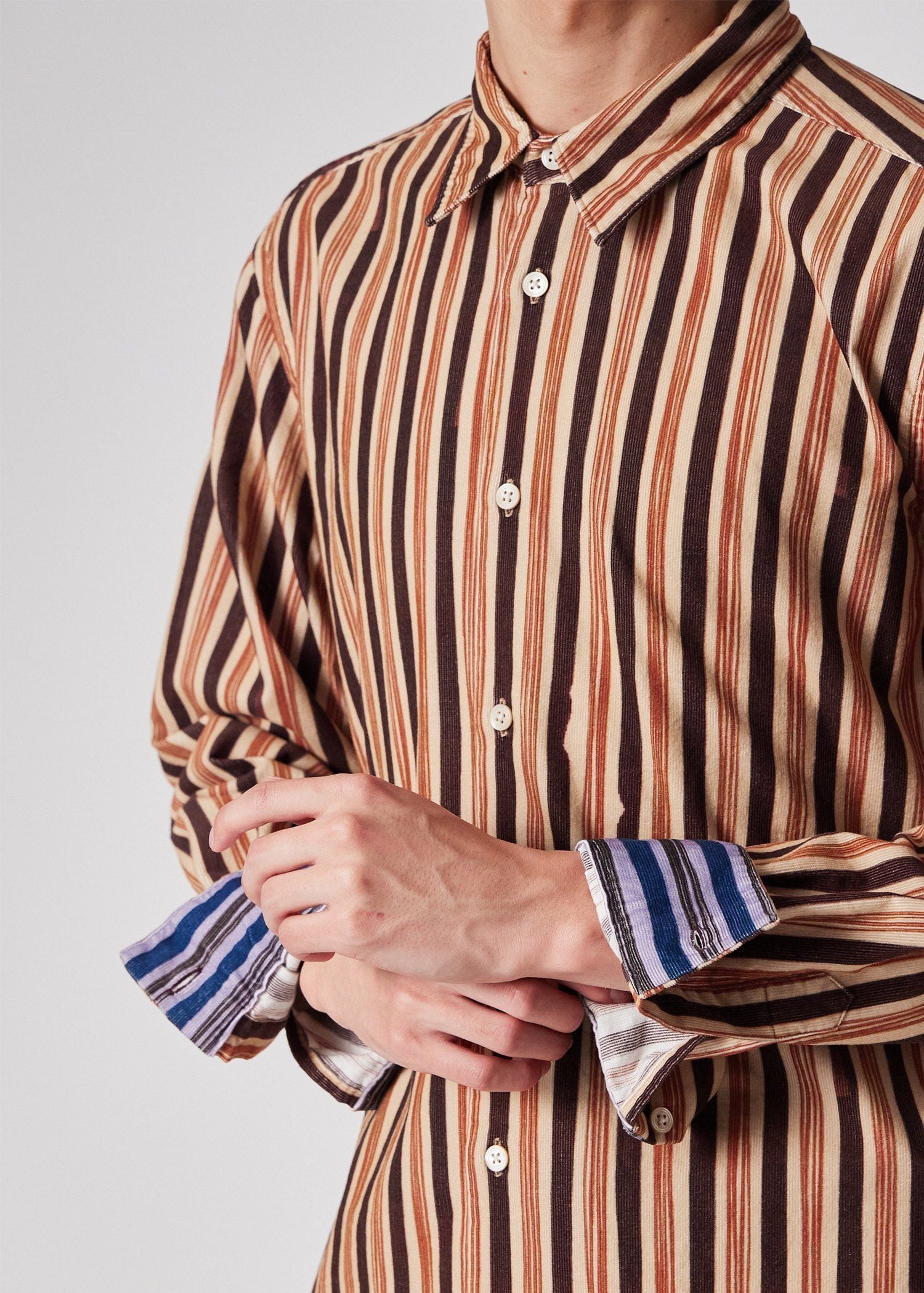ハンドドローイングストライプ コーデュロイシャツ（ベージュ