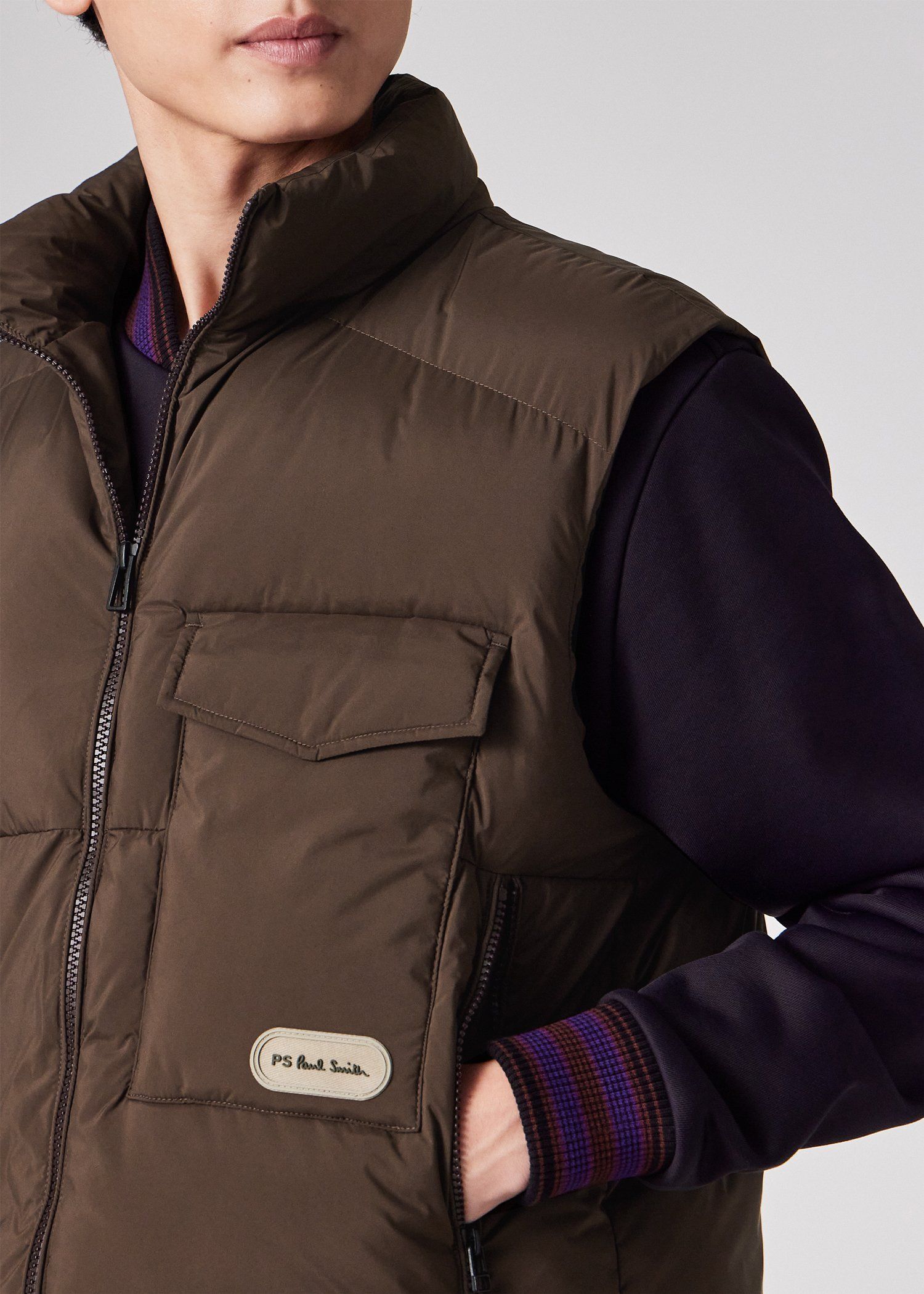ポールスチュアート スポーツ フォックスファー付きベスト フロントジッパー アーバンアウトドア パッファーベスト（ブラウン） ｜ポール・スミス