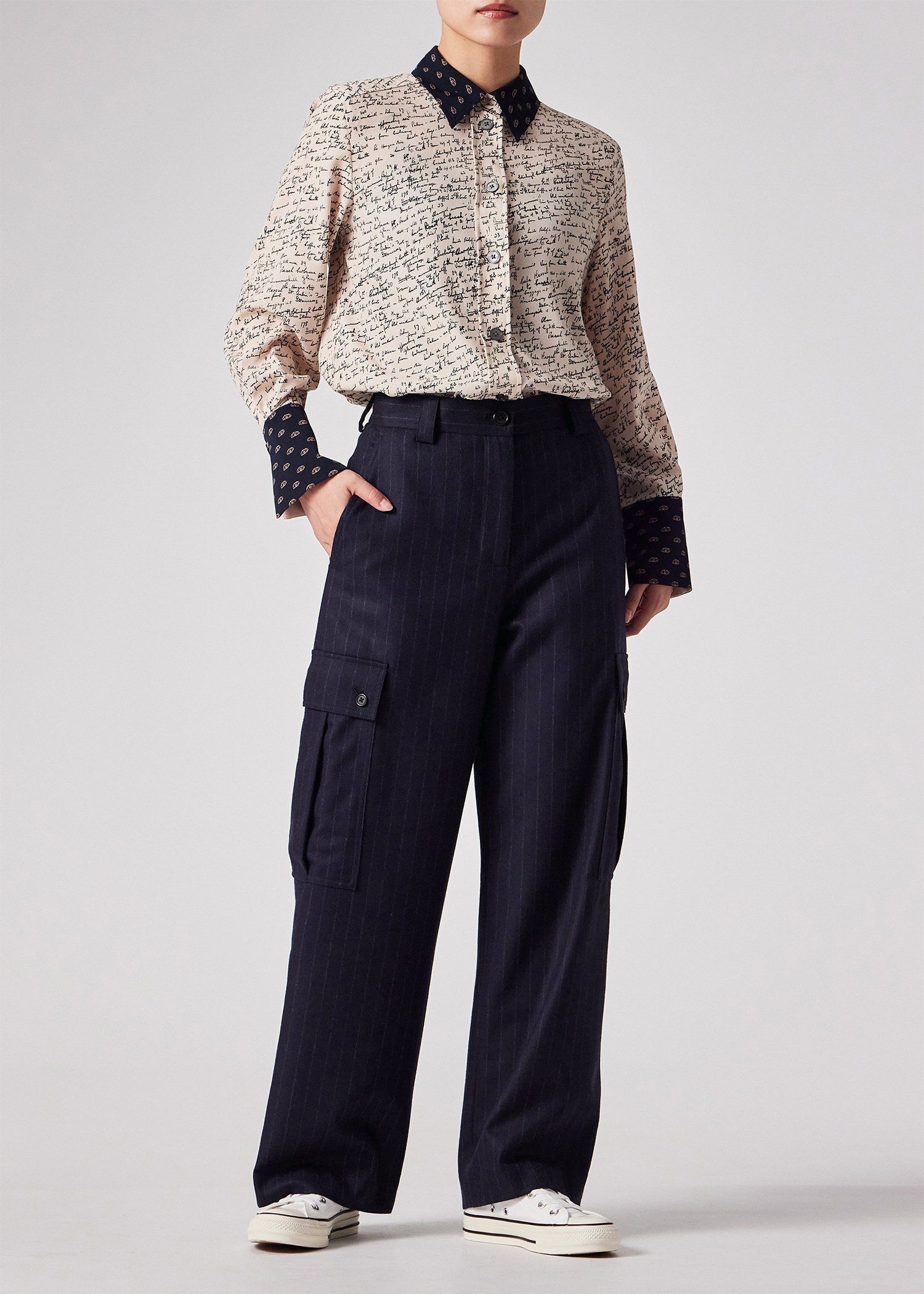 ウィメンズ ストライプ ウール カーゴパンツ（ネイビー） ｜ポール・スミス