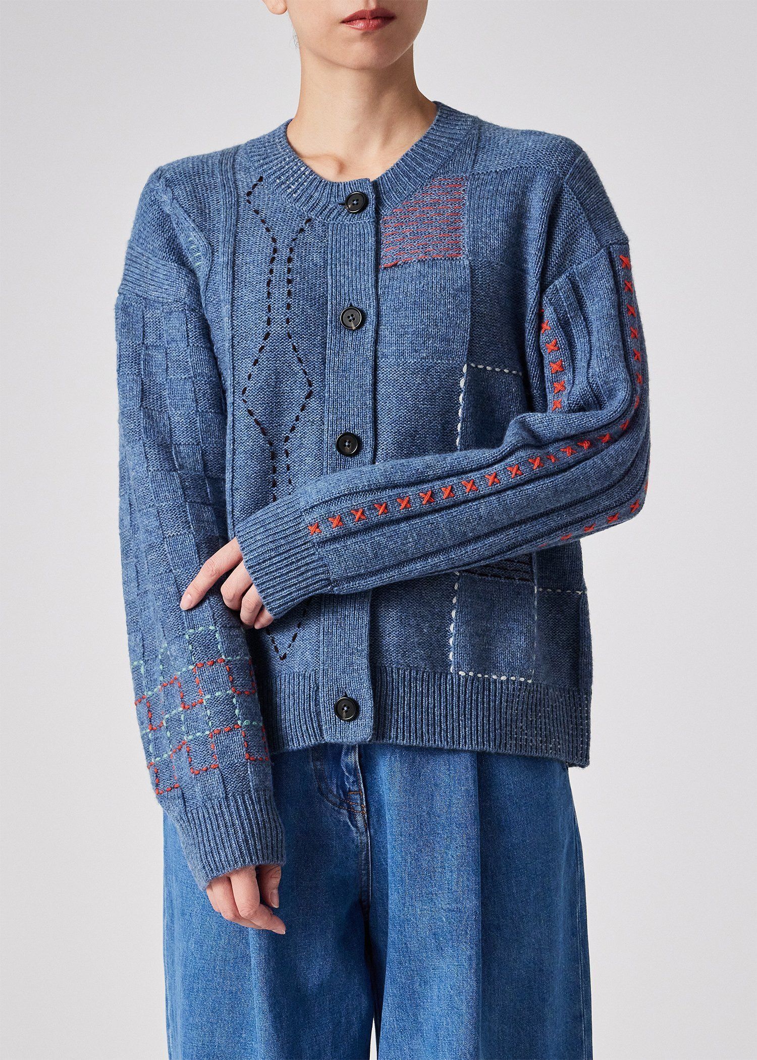 ウィメンズ パッチワーク カーディガン（グレイッシュブルー