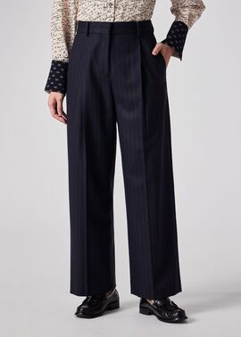 ポールスミス★3ピース パンツスーツ ウール ストライプ ハイウエスト ワイド ウィメンズ ストライプ ウール ワイドパンツ（ネイビー） ｜ポール・スミス
