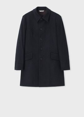 ヘリンボーン ウールカシミヤ ステンカラーコート（ネイビー