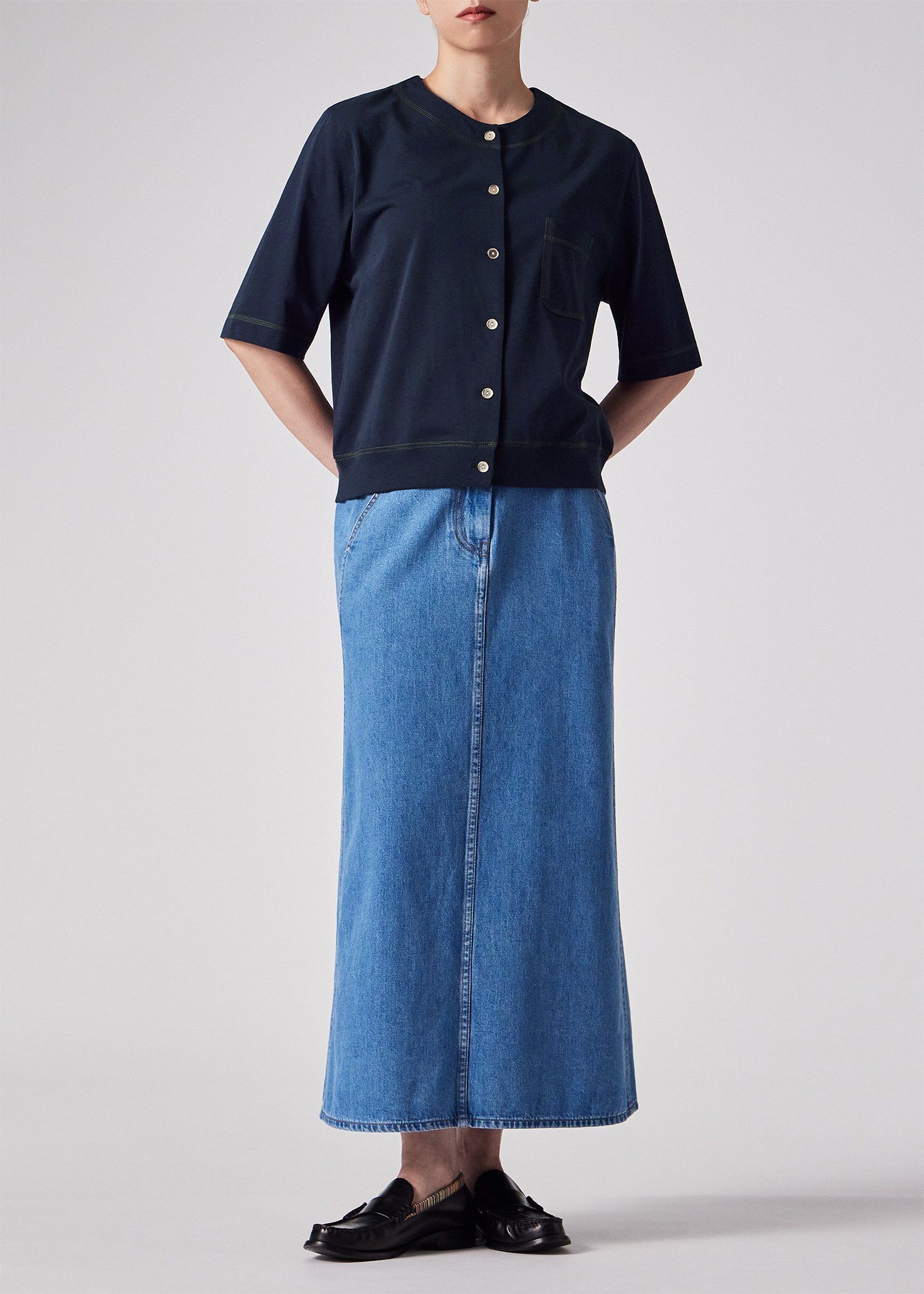 ウィメンズ コットン ジャージー カーディガン（ネイビー） ｜ポール