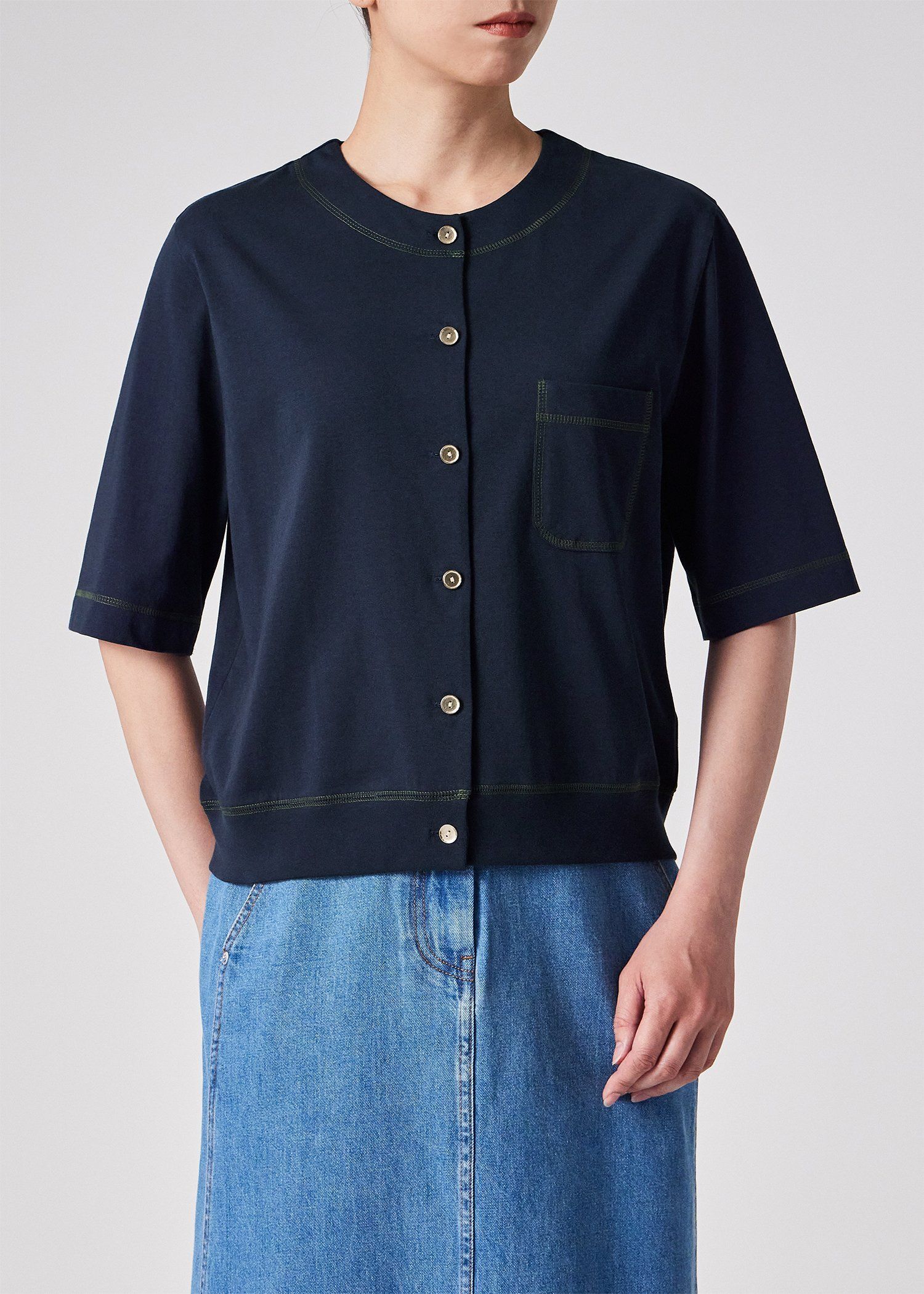 ウィメンズ コットン ジャージー カーディガン（ネイビー） ｜ポール