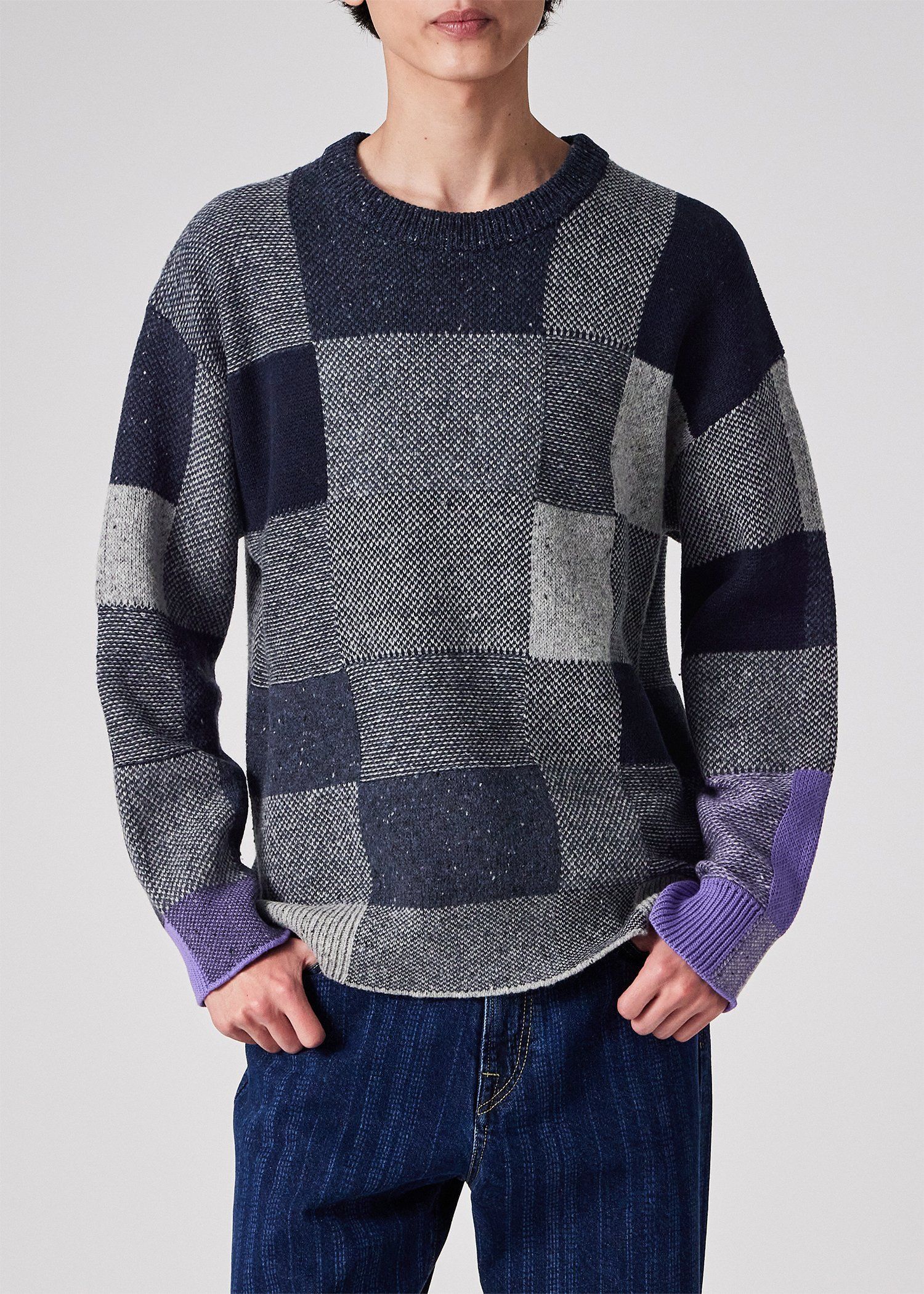 ブロークンチェック クルーネックニット