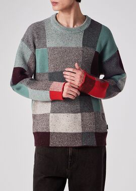 【希少デザイン】ポールスミス　ブロック　チェック　ウール ニット L ブロークンチェック クルーネックニット（ターコイズ） ｜ポール・スミス