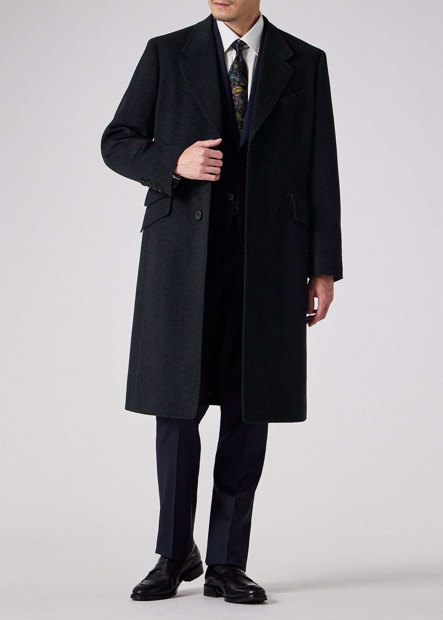 ポールスミスチェスターコート　ヘリンボーン ヘリンボーン ウールカシミヤ チェスターコート（ネイビー） ｜ポール