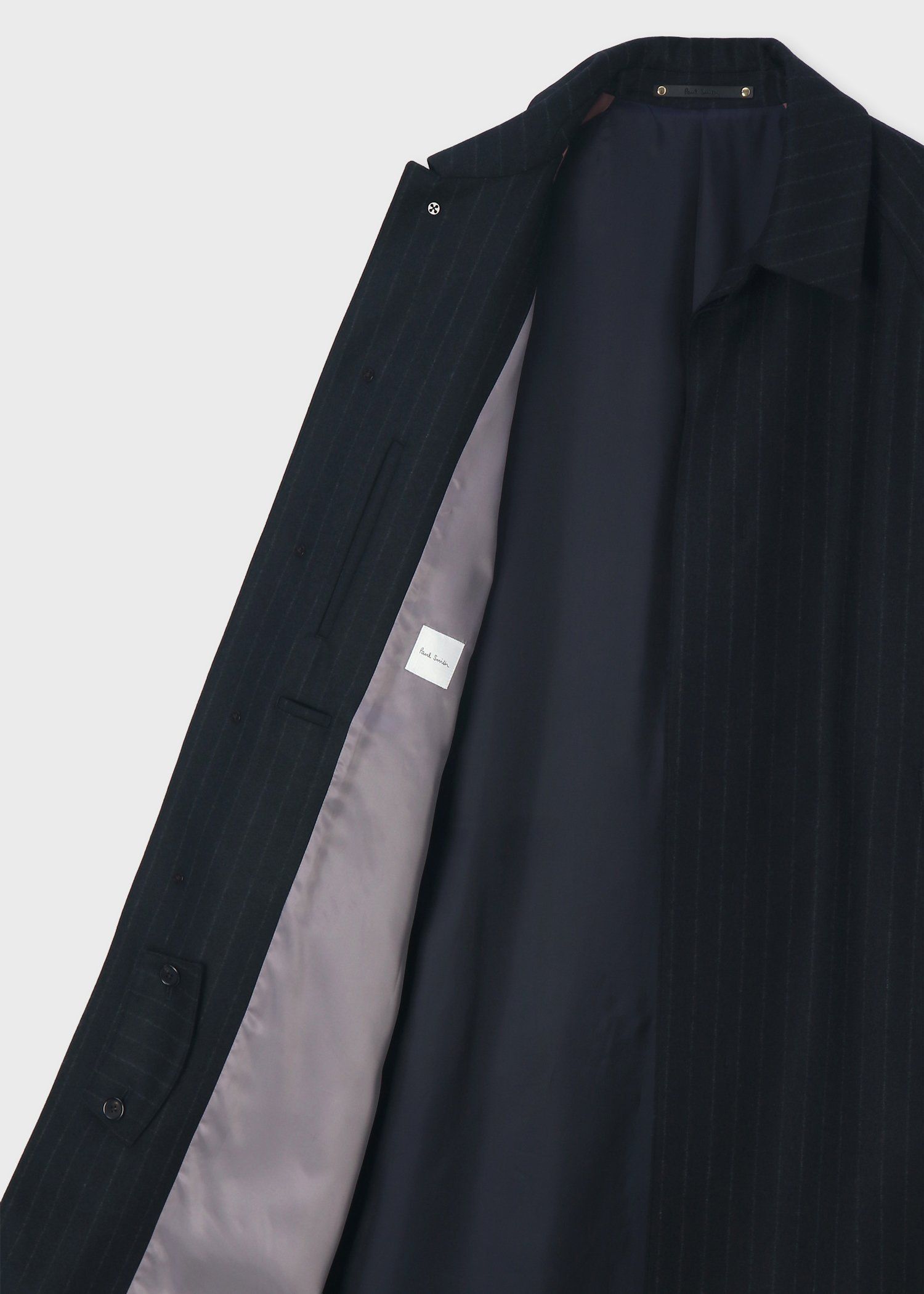 チョークストライプ ロングステンカラーコート（ネイビー） ｜ポール