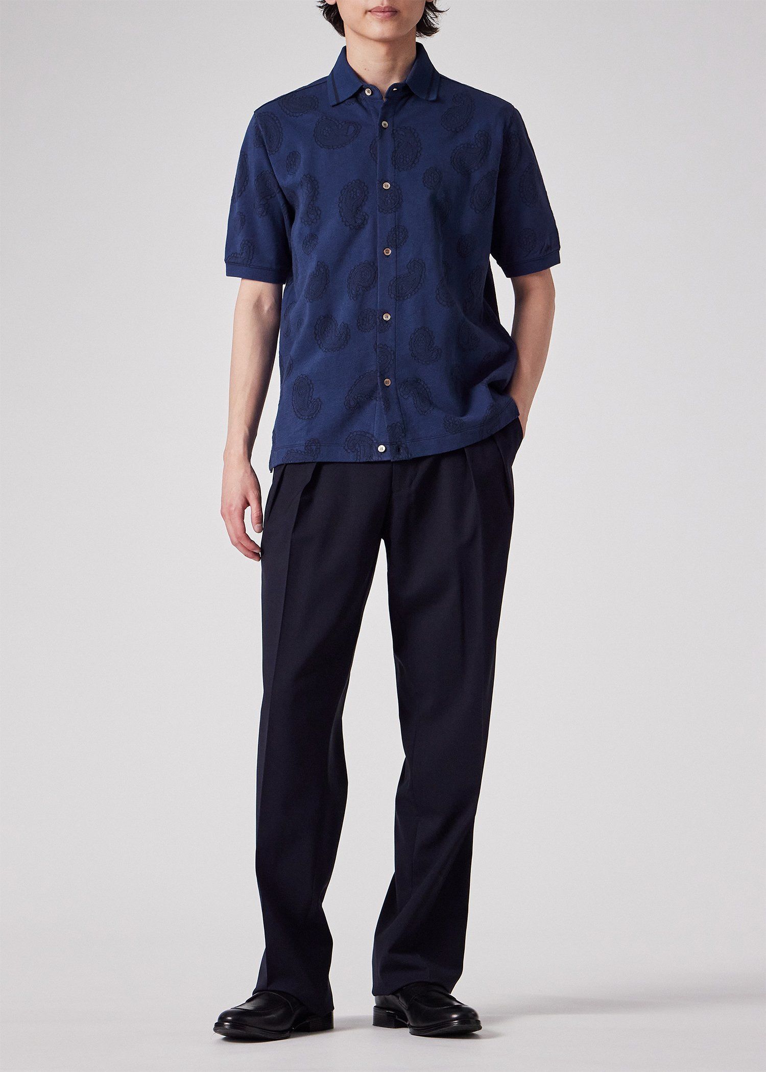 ペイズリージャカード オープンフロント ポロシャツ