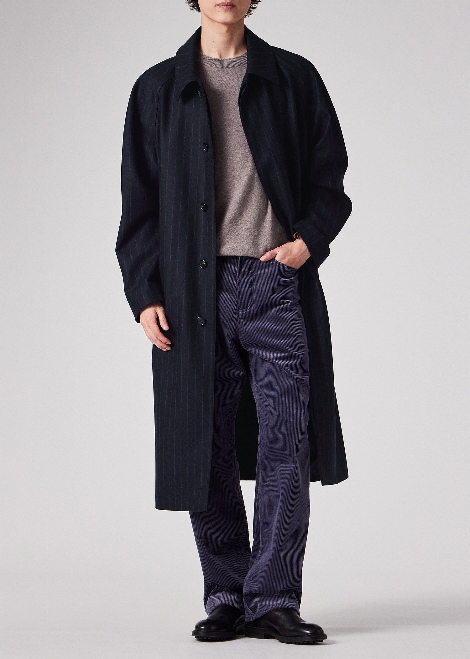 チョークストライプ ロングステンカラーコート（ネイビー） ｜ポール