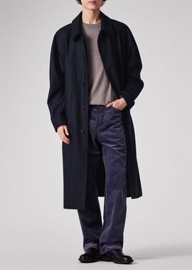 チョークストライプ ロングステンカラーコート（ネイビー） ｜ポール
