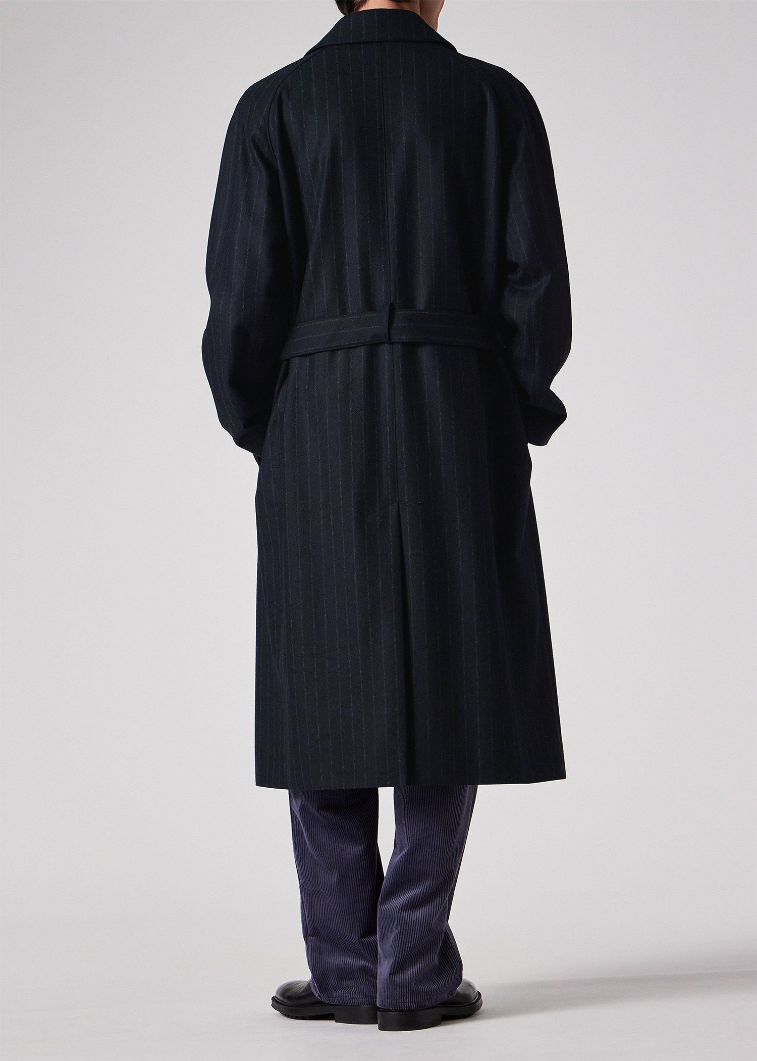 チョークストライプ ロングステンカラーコート（ネイビー） ｜ポール