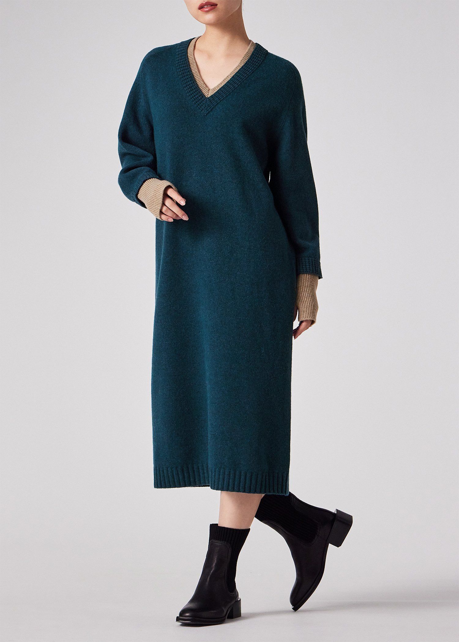 試着のみ★ レイヤードミックスデザインニットワンピース ウィメンズ レイヤードディテール ニットワンピース（ブルーグリーン