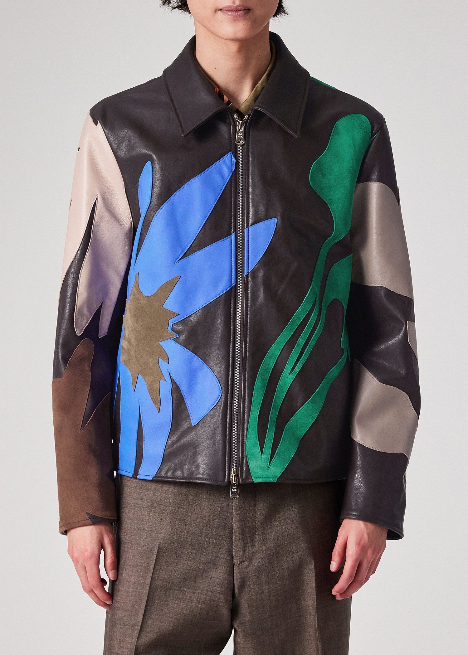 カラーブロックフローラル レザーブルゾン