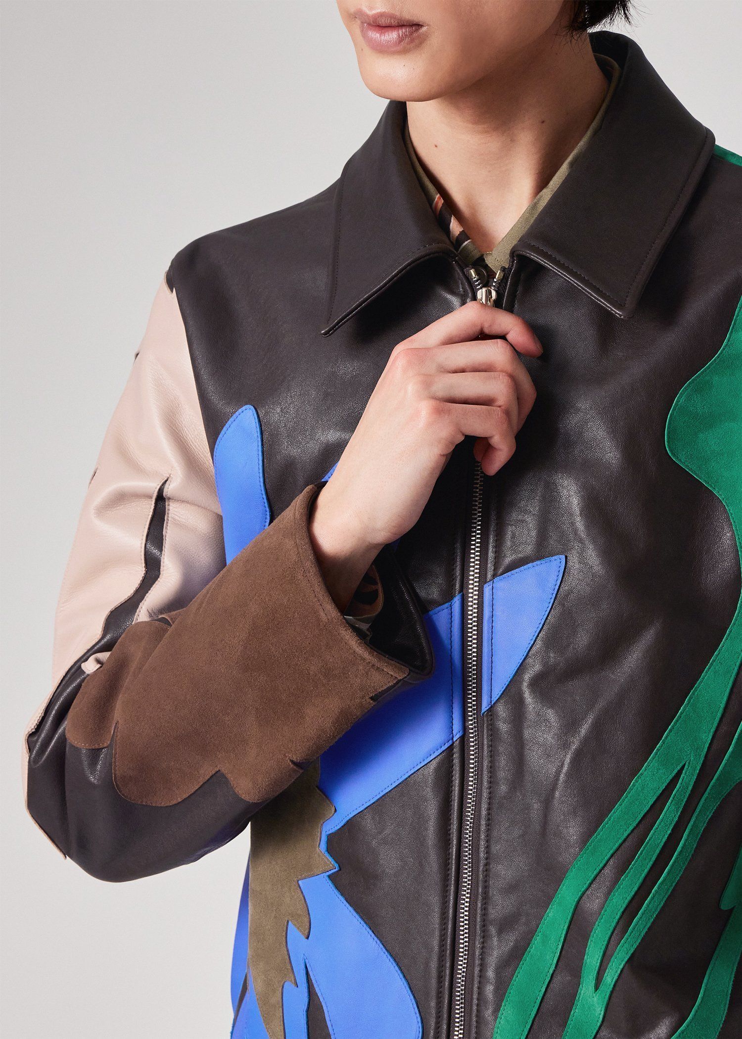 カラーブロックフローラル レザーブルゾン