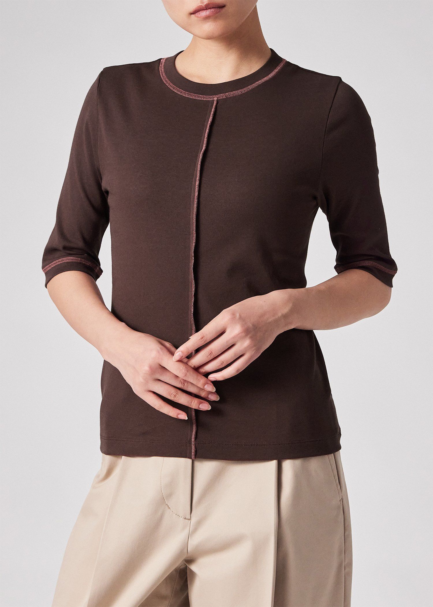 PLEATS PLEASE 半袖カットソー ブラウン カトラリー柄 ウィメンズ コントラストステッチ 半袖カットソー（ブラウン